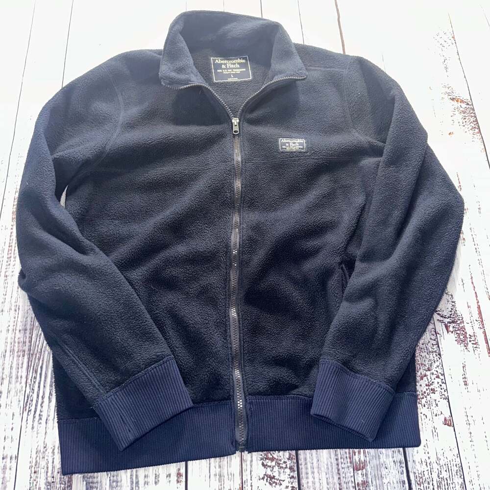 Abercrombie & Fitch Men's Y2K Vintage Navy Blue Full-Zip Sherpa Fleece Jacket